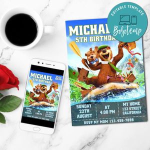 Yogi bear Birthday Invitation Customizable Template to Print at Home Instant Download