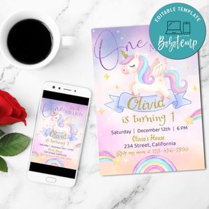 Unicorn one in a million Invitation Customizable Template to Print at Home Instant Download
