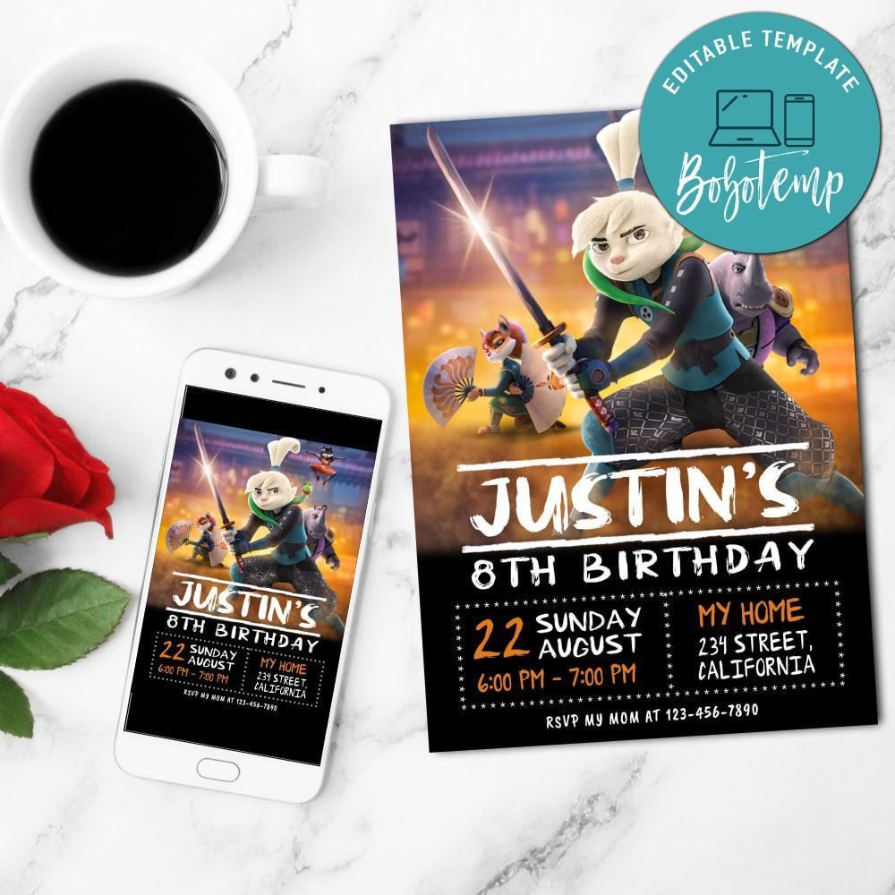 Samurai Rabbit Birthday Mobile Invite Customizable Template Instant Download
