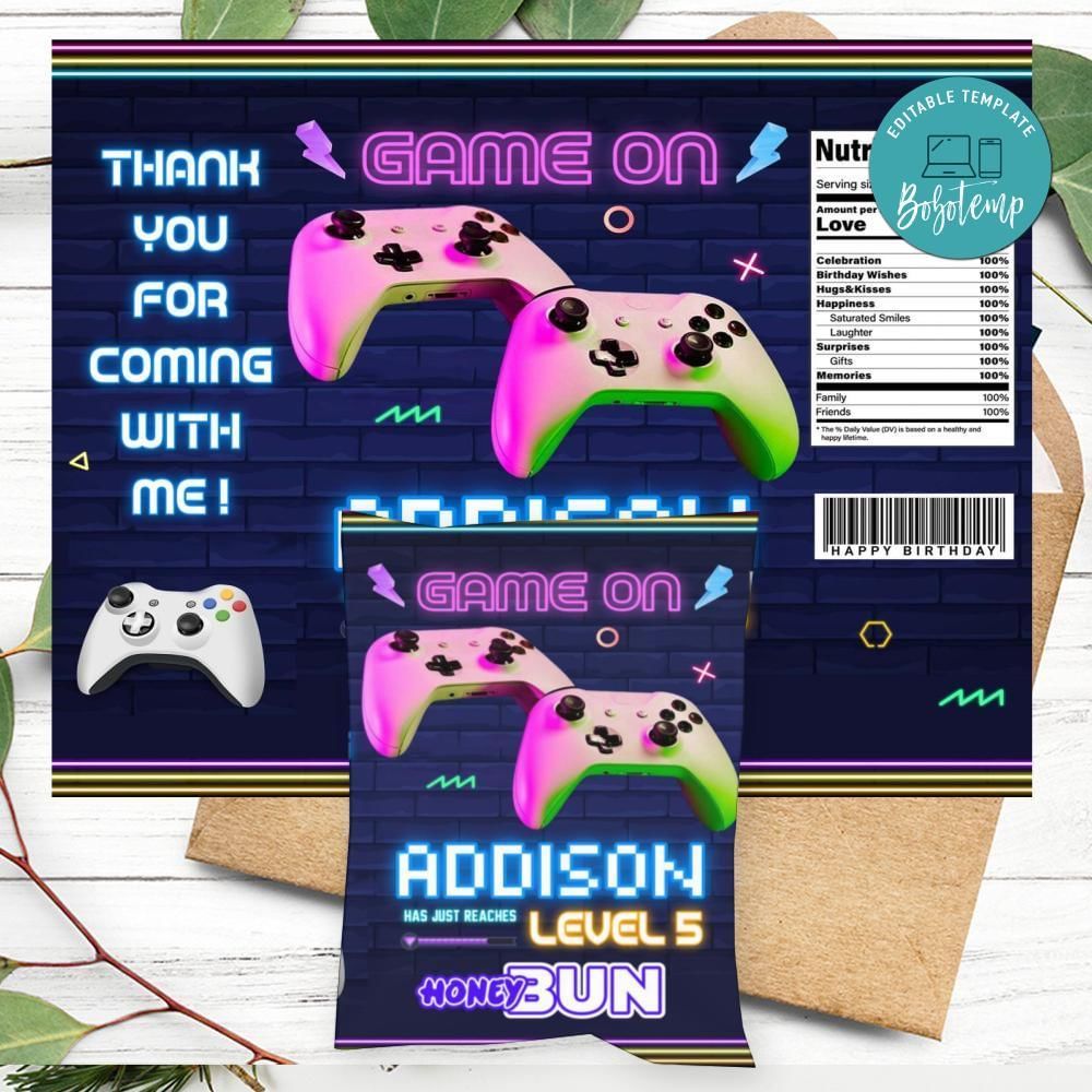 Video Game Birthday Honey Buns Snack Bag Label Customizable Instant Download