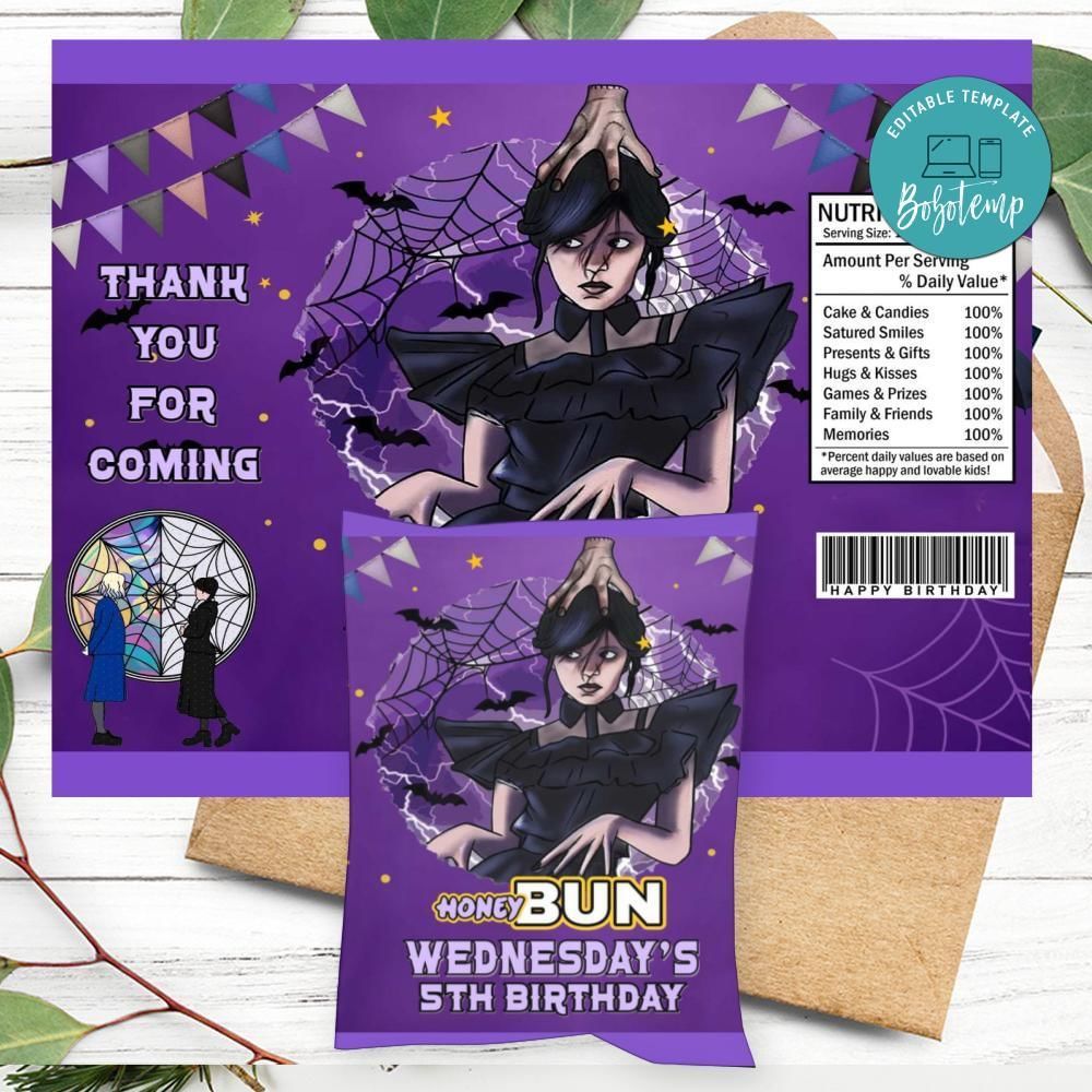 Wednesday Birthday Honey Buns Snack Bag Label Customizable Instant Download