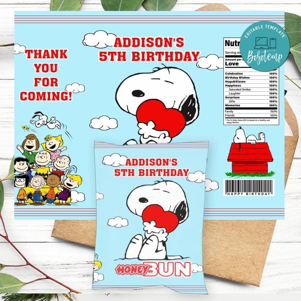 Snoopy Birthday Honey Buns Snack Bag Label Customizable Instant Download