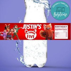 Pixar Turning Red Birthday Water Bottle Label Template to Print at Home Instant Download