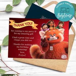 Turning Red Thank you card Customizable Template to Print at Home Instant Download