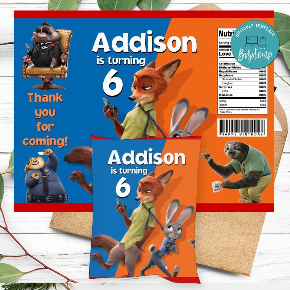 Zootopia Birthday Chip Bag Digital File Printable Bobotemp