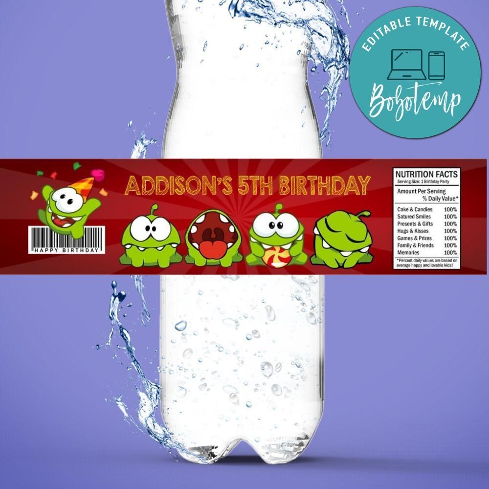 Om nom Bottle Label Birthday Water Bottle Label Template to Print at Home Instant Download
