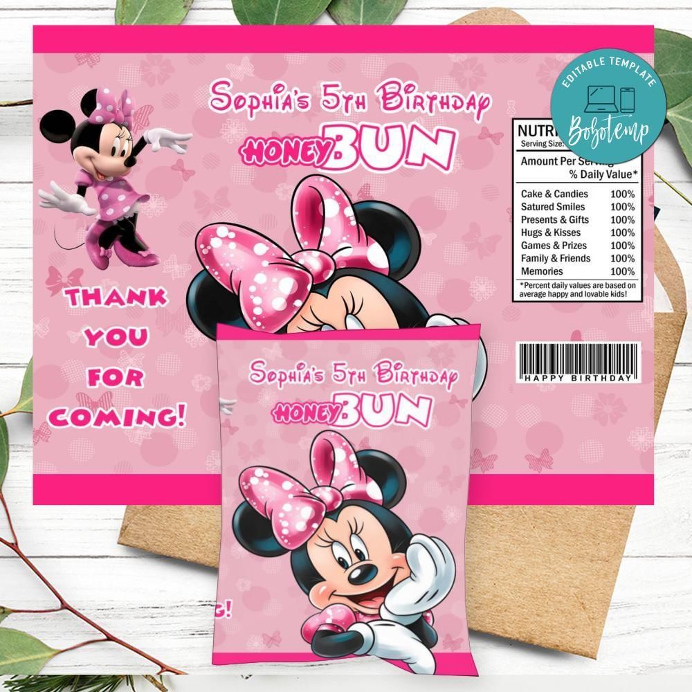 Minnie Mouse Birthday Honey Buns Snack Bag Label Customizable Instant Download