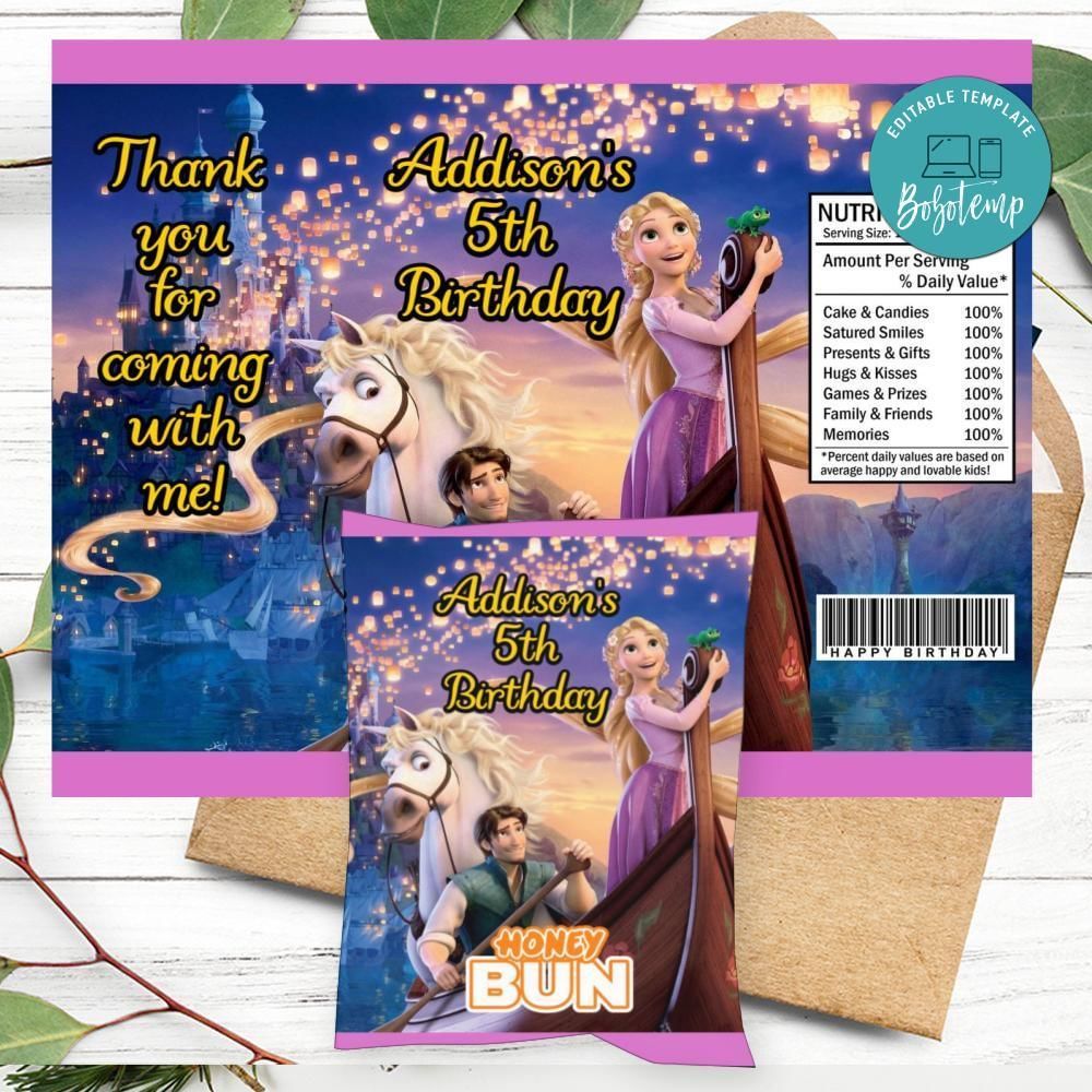 Rapunzel’s Tangled Adventure Birthday Honey Buns Snack Bag Label Customizable Instant Download