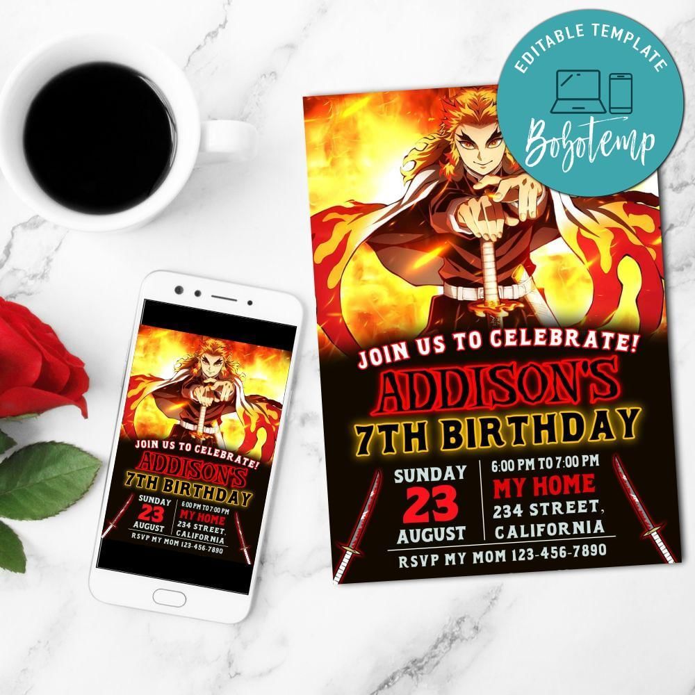 Demon Slayer Rengoku Birthday Mobile Invite Customizable Template Instant Download