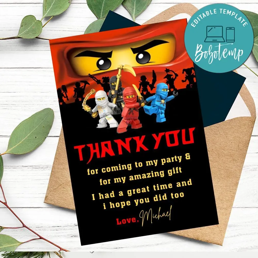 Ninjago Thank You Card Customizable Template DIY | Bobotemp