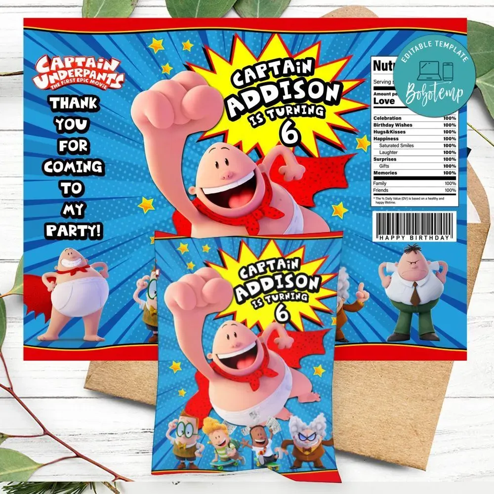 Captain underpants Birthday Party Chip Bag Digital File Printable ...
