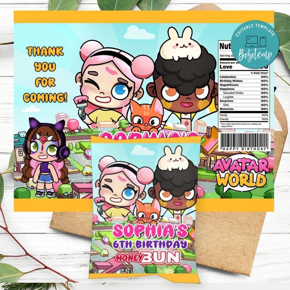 Avatar World Birthday Honey Buns Snack Bag Label Customizable Instant Download