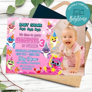Girl Baby Shark Invitation Photo Customizable Template to Print at Home Instant Download