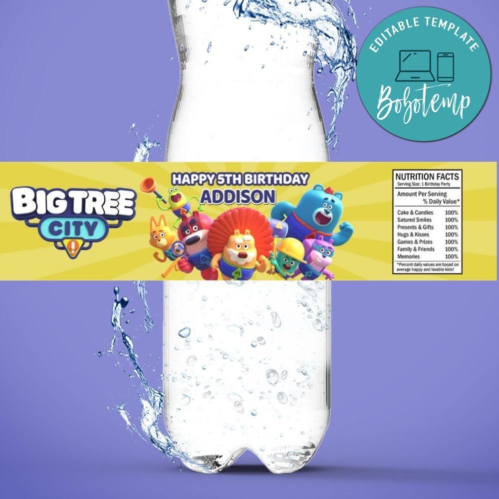 Big Tree City Birthday Water Bottle Label Template to Print at Home Instant Download