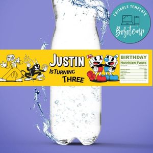 Cuphead Birthday Water Bottle Label Template to Print at Home Instant Download