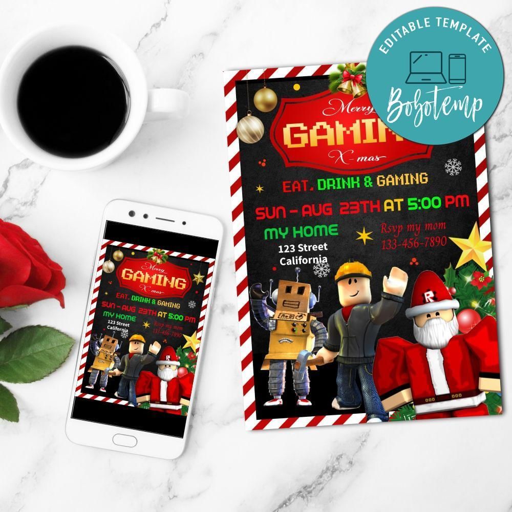 Roblox Christmas Gaming Party Mobile Invite Customizable Template Instant Download