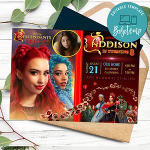 Descendants rise of the red Birthday Invitation with Photo Customizable Template to Print at Home Instant Download