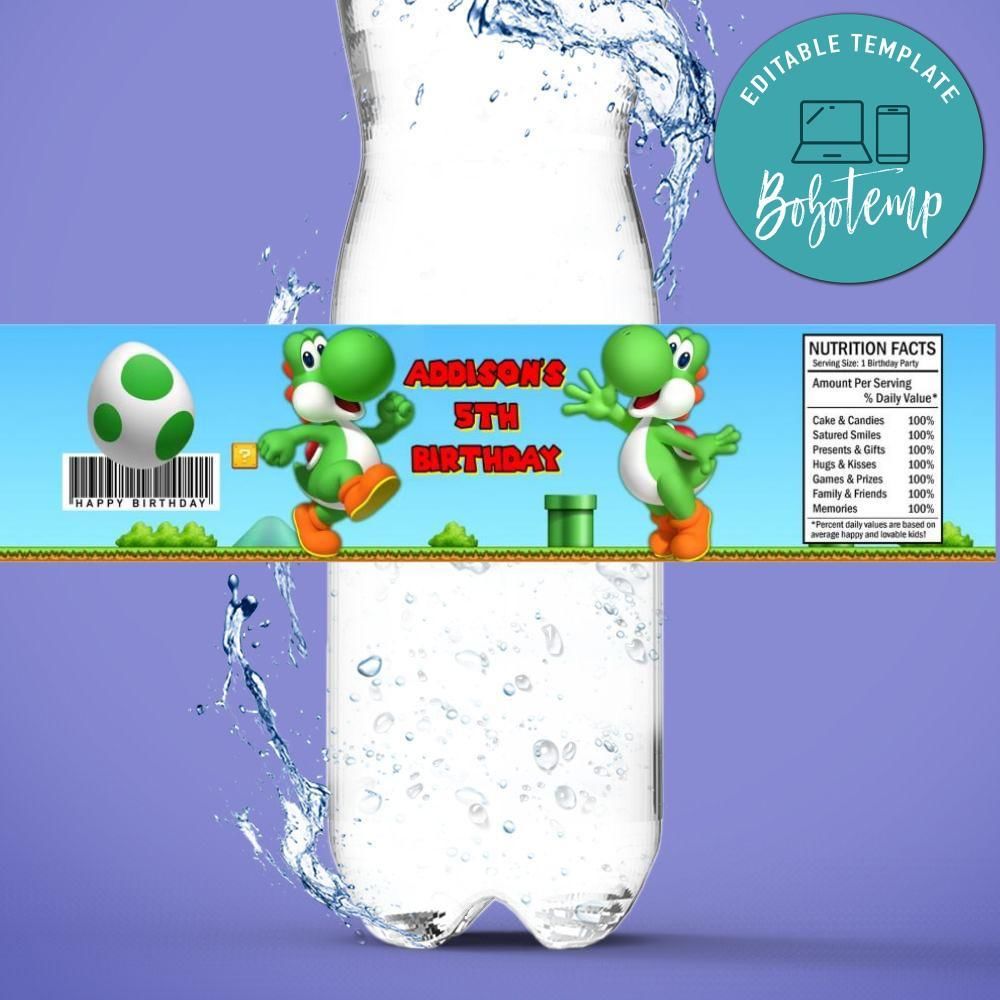 Yoshi Bottle Label Birthday Water Bottle Label Template to Print at Home Instant Download