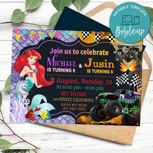 Little Mermaid and Monster Truck Invitation Customizable Template to Print at Home Instant Download