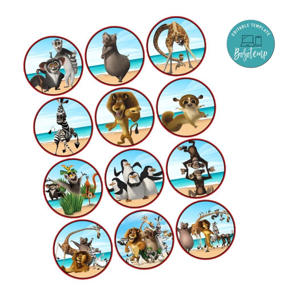 Madagascar Cupcake Toppers Template Printable Instant Download | Bobotemp