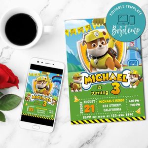 Rubble paw patrol Birthday Invitation Customizable Template to Print at Home Instant Download