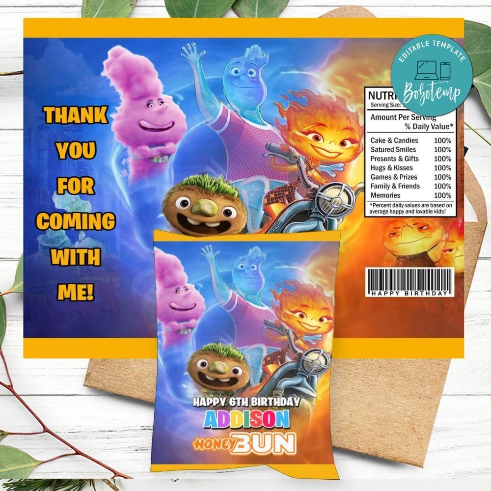 Elemental Pixar Birthday Honey Buns Snack Bag Label Customizable Instant Download