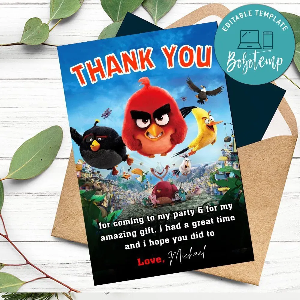Angry Bird Thank You Card Customizable Template DIY | Bobotemp