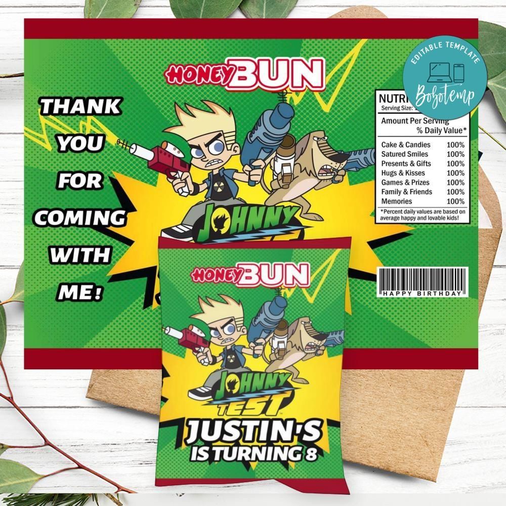 Johnny Test Birthday Honey Buns Snack Bag Label Customizable Instant Download