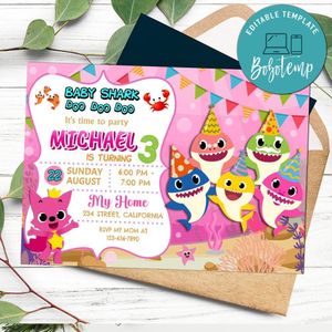 Pink Baby Shark Birthday Flyer Customizable Template to Print at Home Instant Download