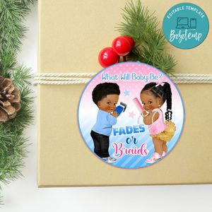 Fades Or Braids Gender Reveal Circle Sticker Template Customizable To Print At Home Instant Download