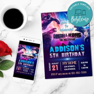 Godzilla Kong New Empire Birthday Invitation Customizable Template to Print at Home Instant Download