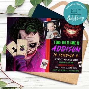 Joker Birthday Invitation with photo Customizable Template to Print at Home Instant Download