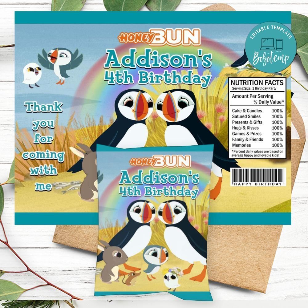 Puffin Rock Birthday Honey Buns Snack Bag Label Customizable Instant Download