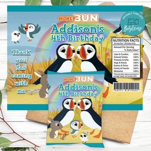 Puffin Rock Birthday Honey Buns Snack Bag Label Customizable Instant Download