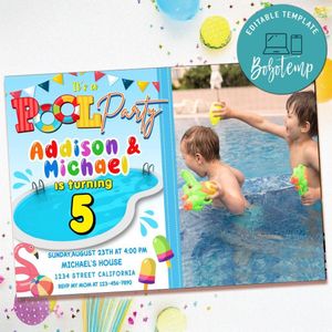 Twins Pool Party Invitation with Photo Customizable Template to Print at Home Instant Download