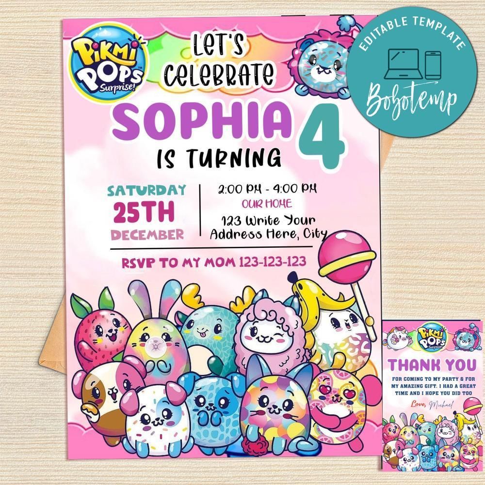 Pikmi Pops Invitation Template Free Thank You Card Printable