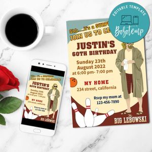 Big lebowski Birthday Invitation Customizable Template to Print at Home Instant Download