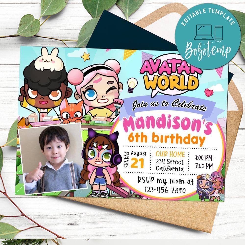 Avatar World Birthday Invitation with Photo Customizable Template to Print at Home Instant Download
