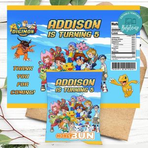 Digimon Birthday Honey Buns Snack Bag Label Customizable Instant Download