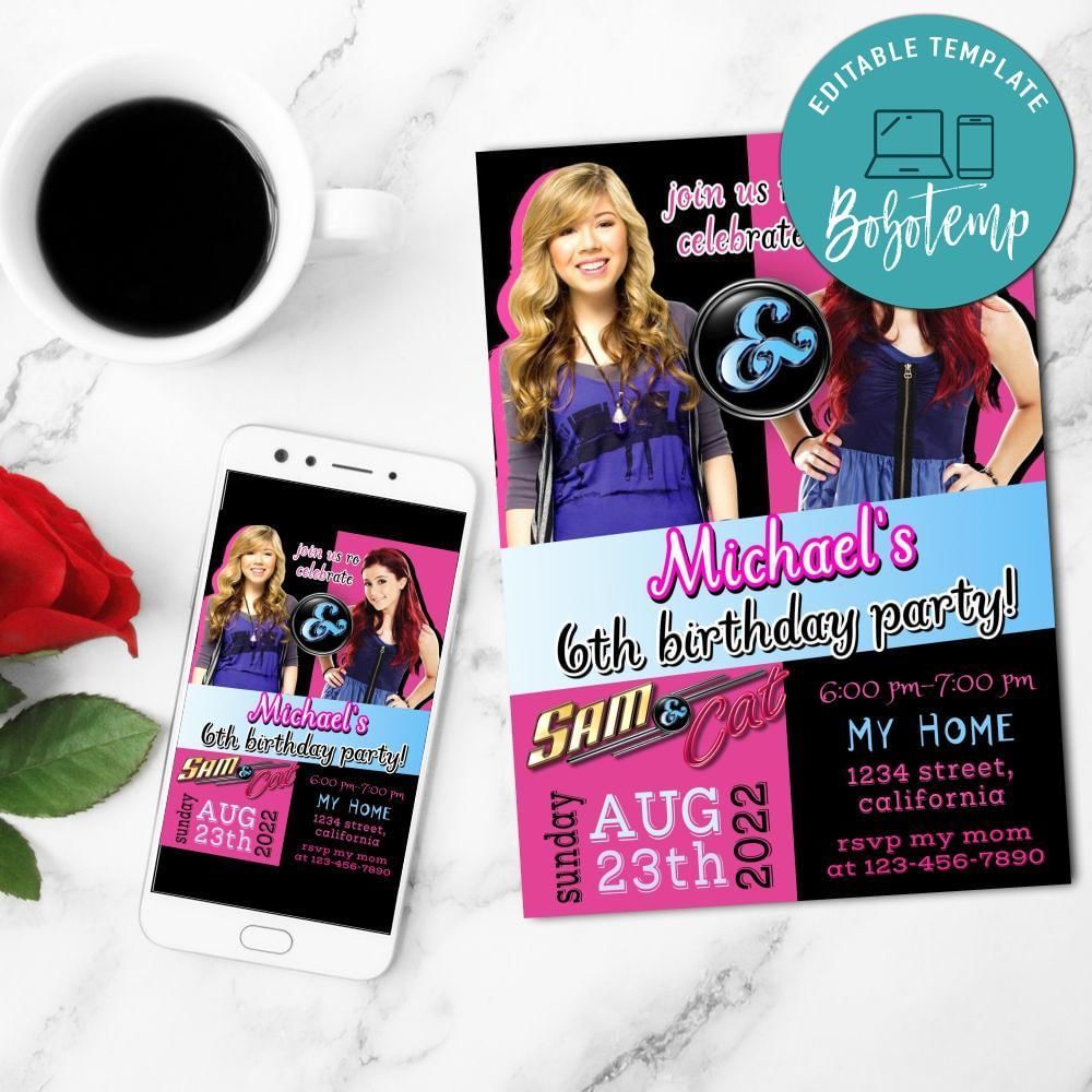 Sam And Cat Show Birthday Party Mobile Invite Customizable Template Instant Download