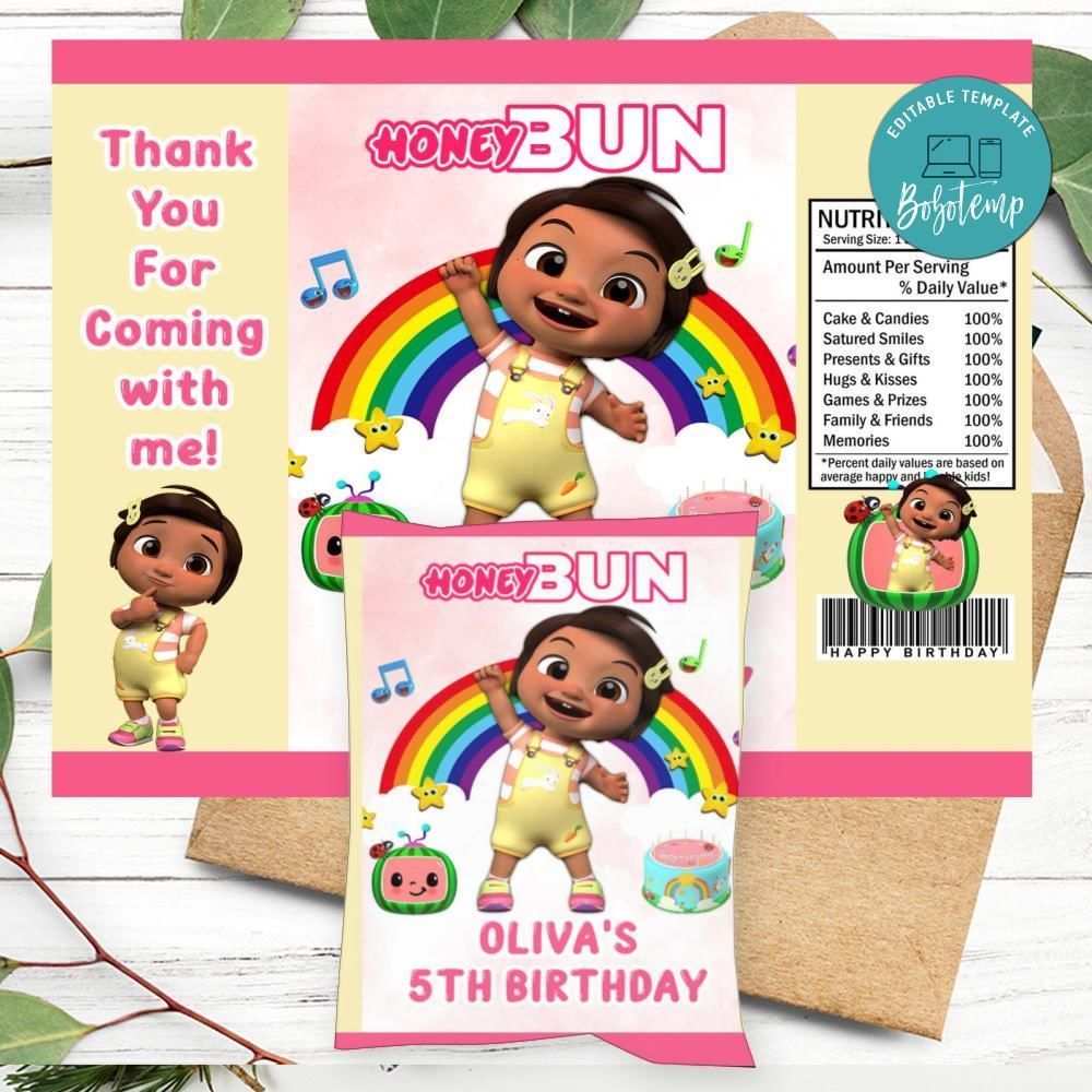 Nina Cocomelon Birthday Honey Buns Snack Bag Label Customizable Instant Download