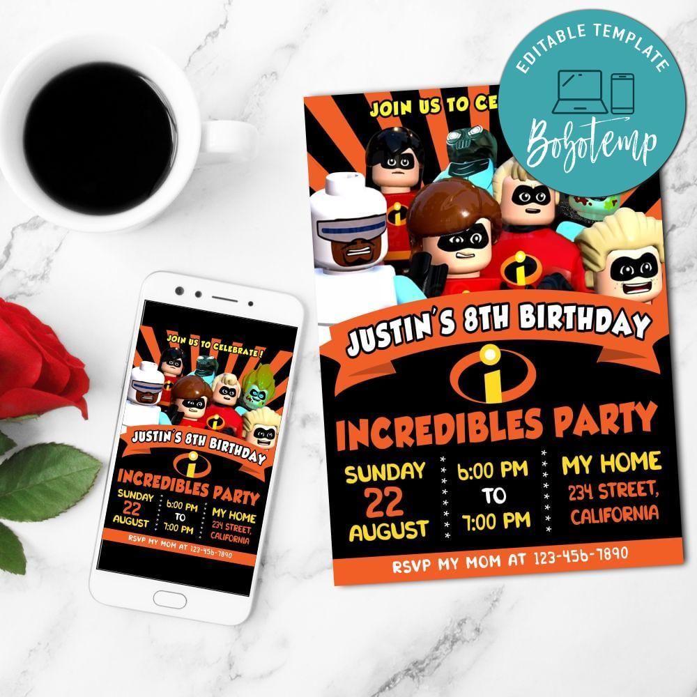The Incredibles Lego Birthday Mobile Invite Customizable Template Instant Download