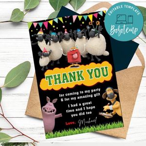 Shaun The Sheep Thank You Card Customizable Template To Print At Home Instant Download