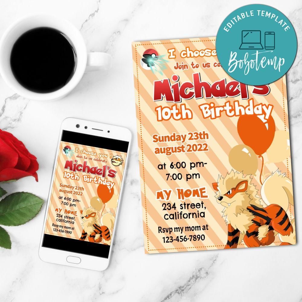 Arcanine Birthday Party Mobile Invite Customizable Template Instant Download