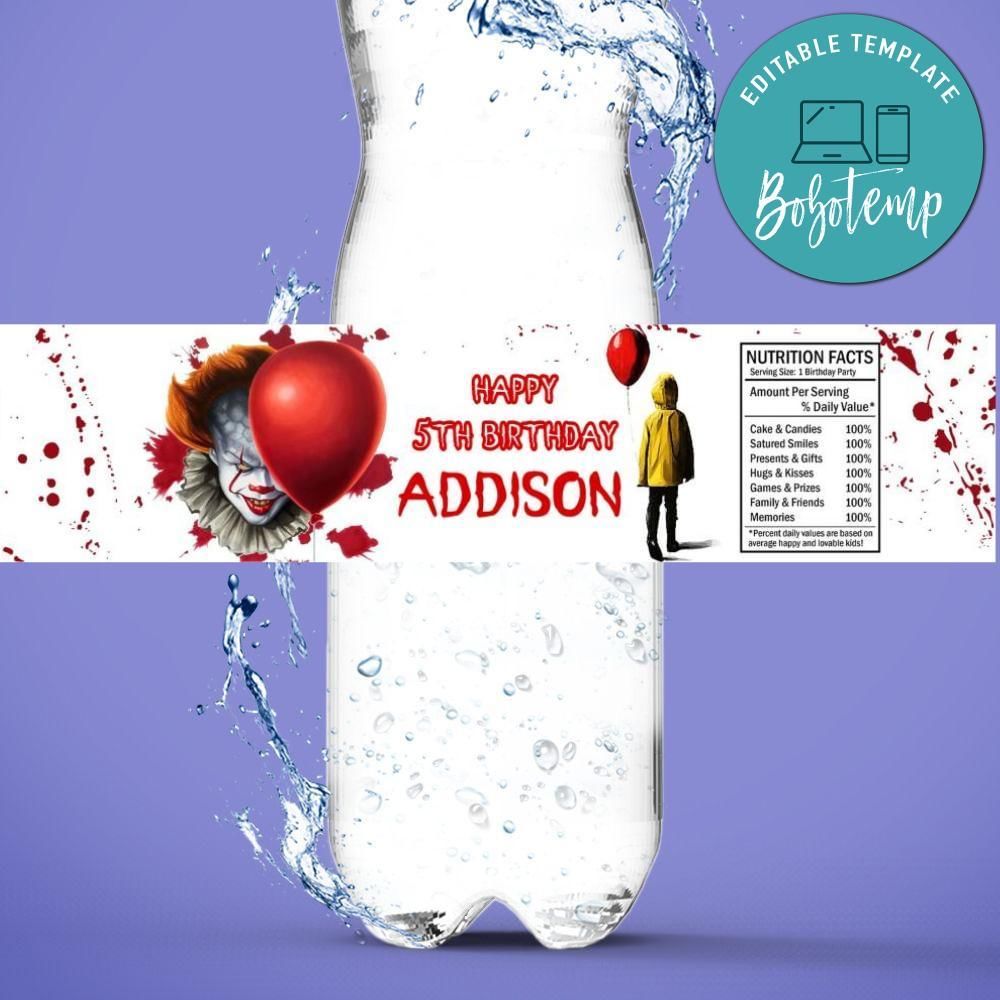 Pennywise Bottle Label Birthday Water Bottle Label Template to Print at Home Instant Download