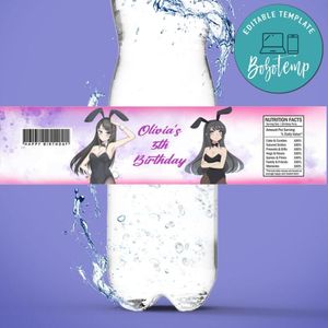 Bunny girl Bottle Label Birthday Water Bottle Label Template to Print at Home Instant Download