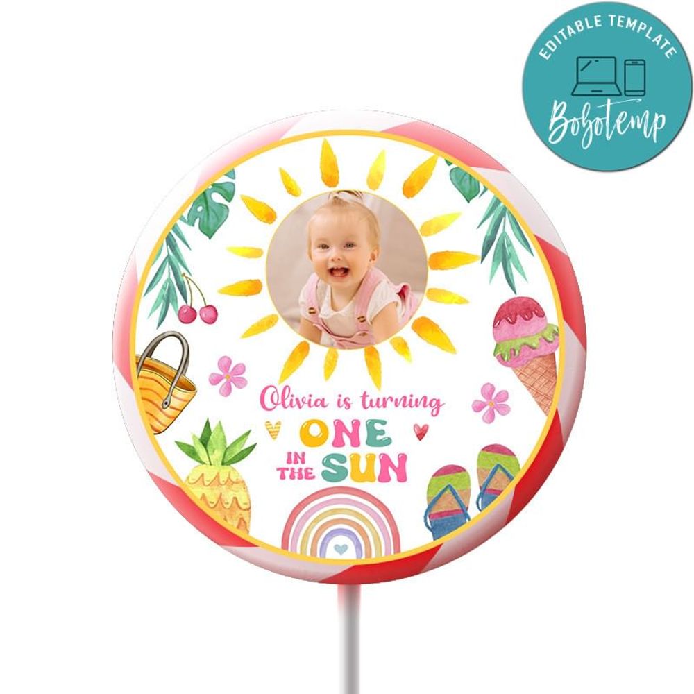 One In The Sun Birthday Lollipop Label Digital File Printable Instant Download