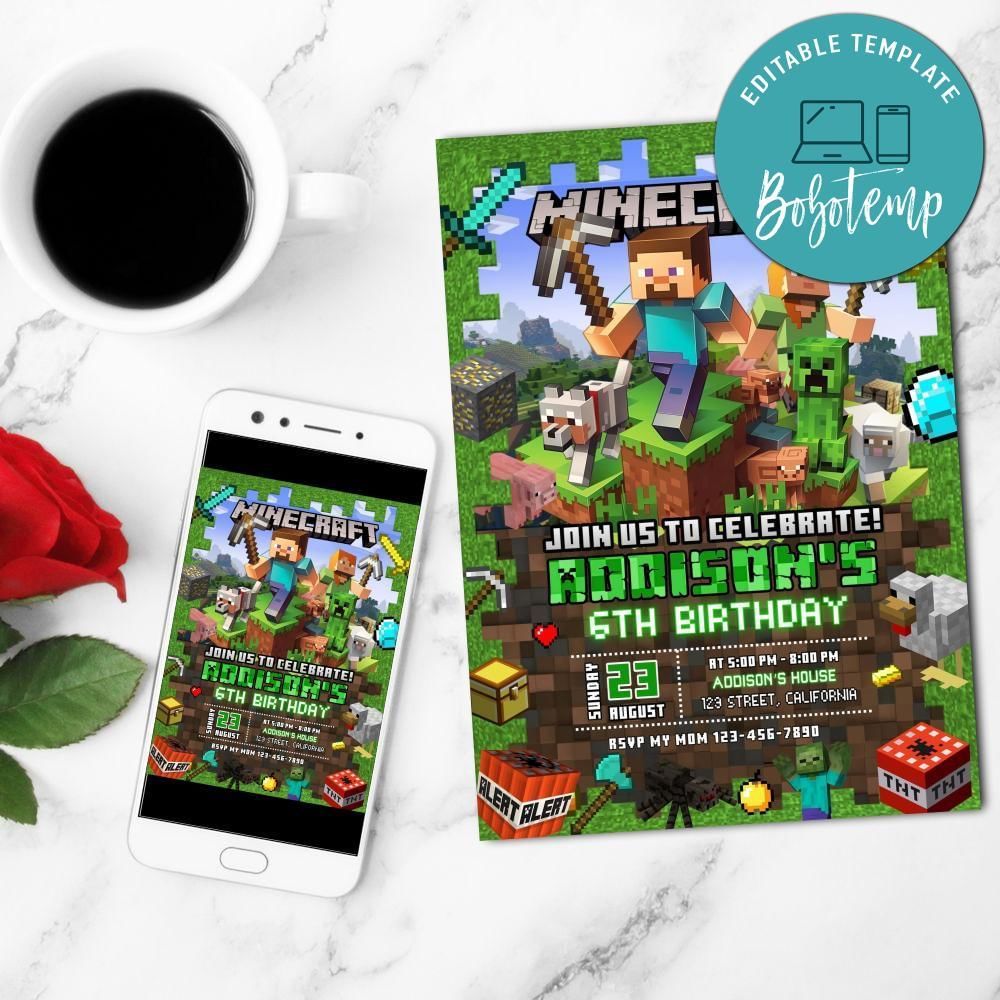 Minecraft Birthday Invitation Customizable Template to Print at Home Instant Download