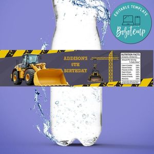 Bulldozer Birthday Water Bottle Label Template To Print At Home Instant Download