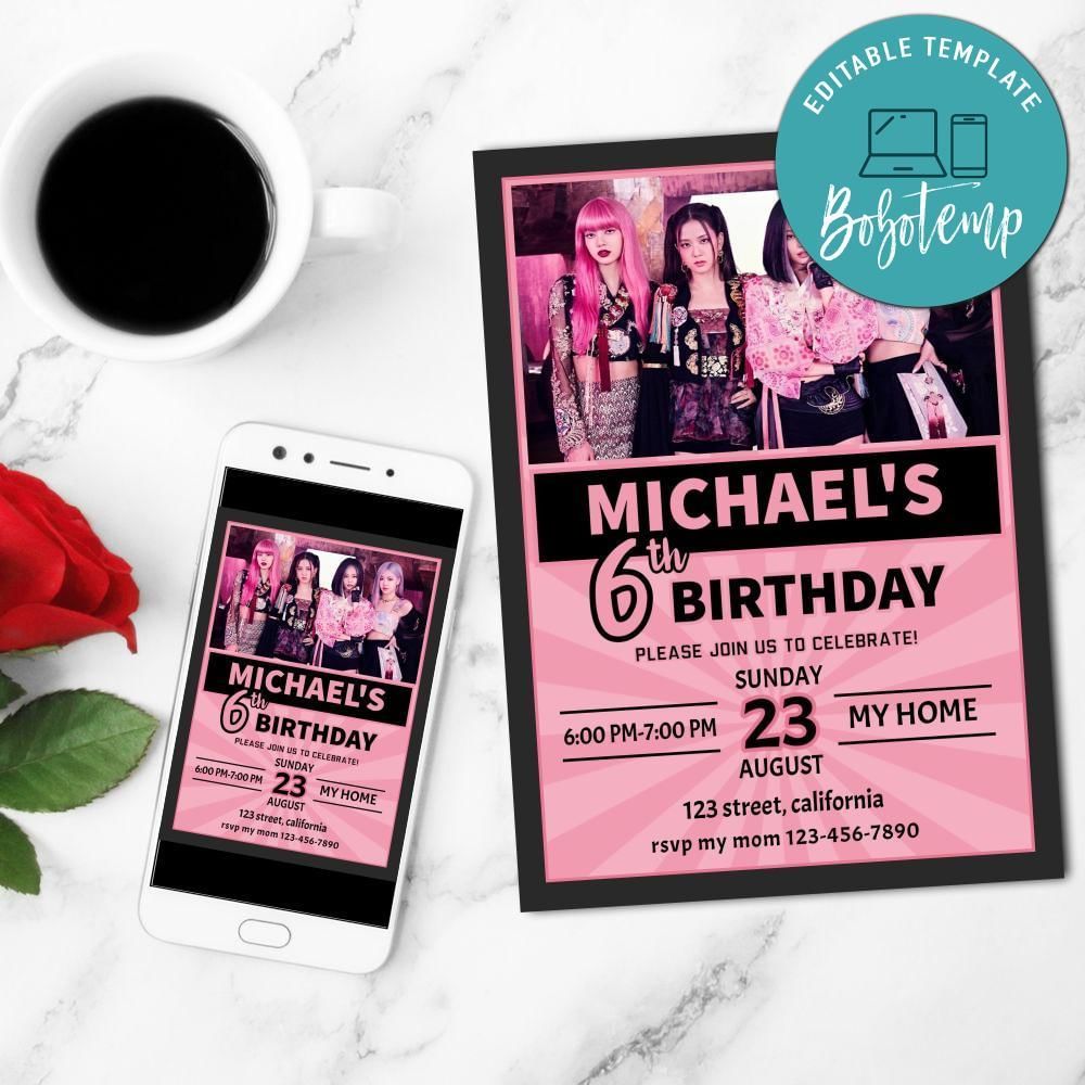 K-pop Black Pink Inspired Fan Mobile Invite Customizable Template Instant Download